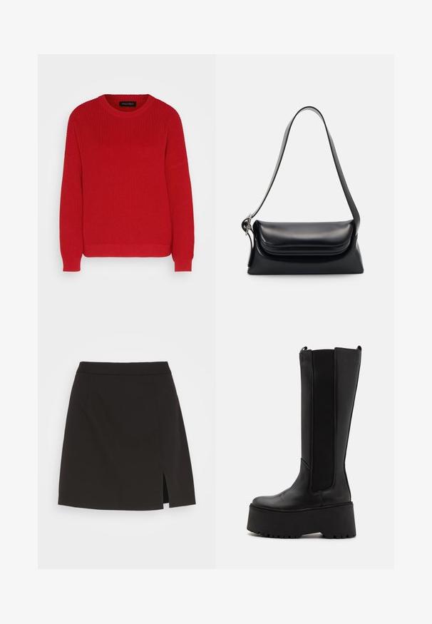 Pull en tricot rouge avec un col ras du cou, une texture côtelée et des manches légèrement oversize. Présente un ourlet droit et un tissu durable.; Mini-jupe noire en tissu lisse, avec une coupe droite, une fente sur le côté et sans matériel ni embellissements visibles.; Botte noire montante en cuir lisse, avec des panneaux latéraux élastiques et une semelle épaisse à plateforme dotée d'un fond profilé.; Sac à main en cuir noir avec une forme structurée, une texture lisse et une seule bandoulière. Présente un design de rabat arrondi et subtil.
