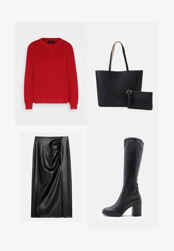 Rød strikket sweater med rund hals, ribbet tekstur og let oversized ærmer. Har en lige søm og slidstærkt stof.; Sort læderskirt med en glat overflade, der har en indsamlet sektion på den ene side og en skråning på siden for ekstra detaljer.; Knæhøje sorte støvler lavet af glat syntetisk materiale, med en kraftig blokhæl og subtile syninger på siderne.; Sort tote taske med struktureret materiale, to lange håndtag og en aftagelig lynlåspose med en frynse-detalje. Guld mærkelogo synligt.