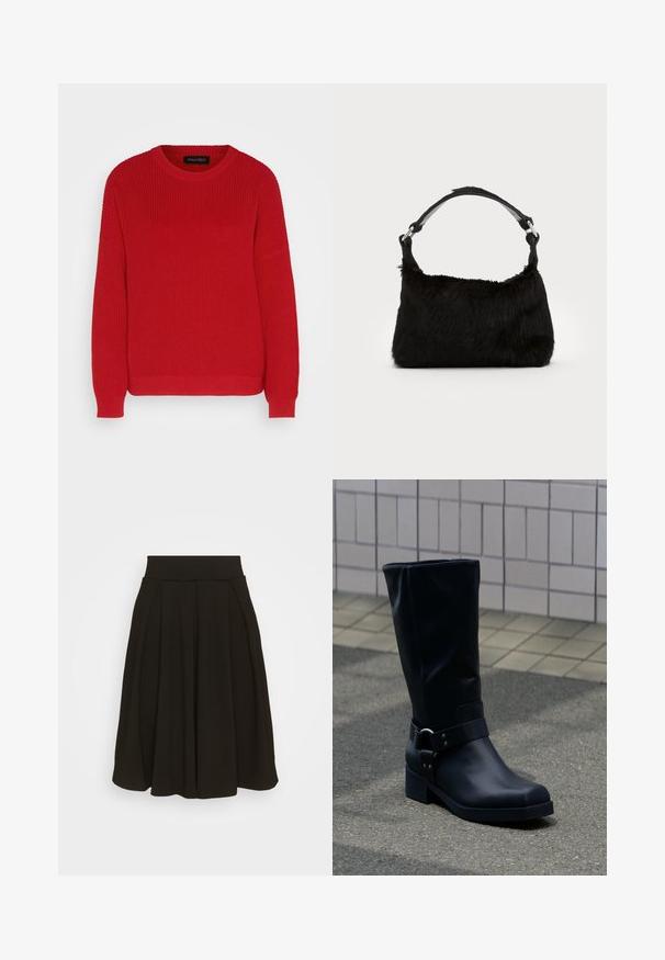 Suéter de punto rojo con un escote redondo, textura acanalada y mangas ligeramente oversize. Presenta un dobladillo recto y una tela duradera.; Falda negra con pliegues y una amplia cinturilla elástica. Fabricada en un tejido suave, presenta un largo hasta la rodilla y una textura lisa.; Bota negra de cuero hasta la mitad de la pantorrilla con un tacón bajo de bloque y una correa decorativa con hebilla metálica alrededor del tobillo, sobre un pavimento de baldosas.; Bolso de mano de piel sintética negra con una textura suave, forma redondeada y una resistente correa de cuero negro para el hombro. Acentos de herrajes plateados visibles.