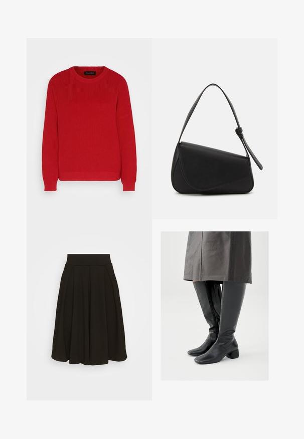 Pull en tricot rouge avec un col ras du cou, une texture côtelée et des manches légèrement oversize. Présente un ourlet droit et un tissu durable.; Jupe plissée noire avec une large ceinture élastique. Fabriquée dans un tissu doux, elle présente un ourlet à mi-genoux et une texture lisse.; Bottes en cuir noir montant jusqu'au genou avec un bout carré, un talon bloc incliné et une fermeture éclair latérale ; texture lisse et design ajusté.; Sac à main en cuir noir de forme triangulaire, avec un rabat incliné et une poignée supérieure arrondie. Il présente une texture lisse et des détails de design minimalistes.