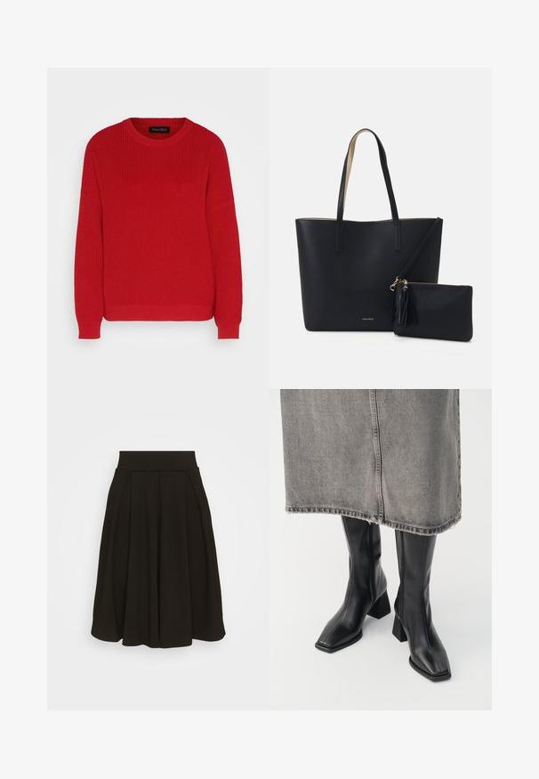 Rød strikket sweater med rund hals, ribbet tekstur og let oversized ærmer. Har en lige søm og slidstærkt stof.; Sort plisseret nederdel med en bred, elastisk talje. Fremstillet af et blødt stof, med en knælang kant og glat tekstur.; Sorte knæhøje støvler i glat læder med firkantet tå og blokeret hæl. Båret med en grå denimnederdel med flosset kant.; Sort tote taske med struktureret materiale, to lange håndtag og en aftagelig lynlåspose med en frynse-detalje. Guld mærkelogo synligt.