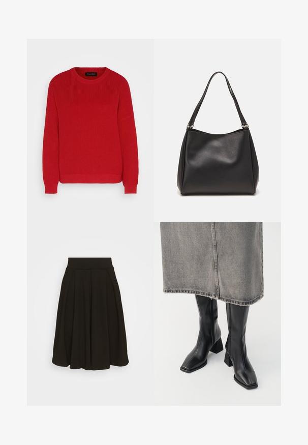 Suéter de punto rojo con un escote redondo, textura acanalada y mangas ligeramente oversize. Presenta un dobladillo recto y una tela duradera.; Falda negra con pliegues y una amplia cinturilla elástica. Fabricada en un tejido suave, presenta un largo hasta la rodilla y una textura lisa.; Botas negras hasta la rodilla de cuero liso con punta cuadrada y tacón cuadrado. Llevadas con una falda de mezclilla gris con dobladillo desflecado.; Bolso de mano de cuero sintético negro con una textura suave, forma de hobo y doble asa; presenta un acabado brillante y un diseño minimalista.