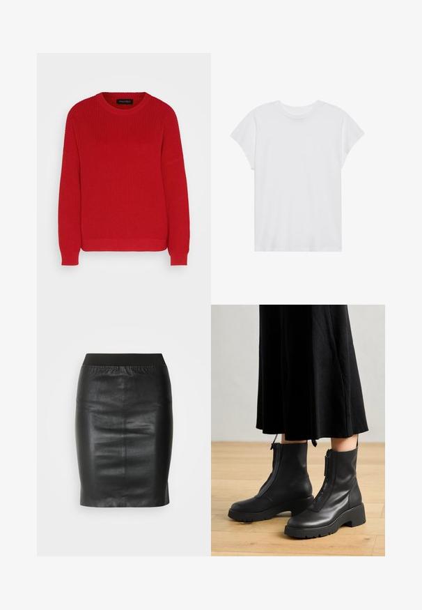 Rød strikket sweater med rund hals, ribbet tekstur og let oversized ærmer. Har en lige søm og slidstærkt stof.; Hvid kortærmet t-shirt med rund hals, afslappet pasform, lavet af blødt bomuldsstof. Glat tekstur, ingen mønstre eller logoer.; Sort pencilsyning lavet af glat læder, med en elastisk talje for en tætsiddende silhuet og minimalistisk design.; Sorte læder ankelstøvler med en kraftig platformsål og en frontlynlås. Glat tekstur med et minimalistisk design.