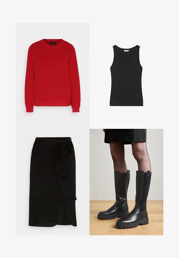 Pull en tricot rouge avec un col ras du cou, une texture côtelée et des manches légèrement oversize. Présente un ourlet droit et un tissu durable.; Débardeur noir sans manches en coton doux, avec un col rond et une silhouette ajustée. Design simple sans motifs ni accents visibles.; Jupe portefeuille noire en tissu texturé, dotée d'un lien sur le côté, d'un design droit et d'une fente à l'ourlet.; Bottes noires jusqu'au genou avec un extérieur en cuir lisse, des panneaux latéraux en élasthanne et une semelle en caoutchouc épaisse avec un motif de semelle texturé.