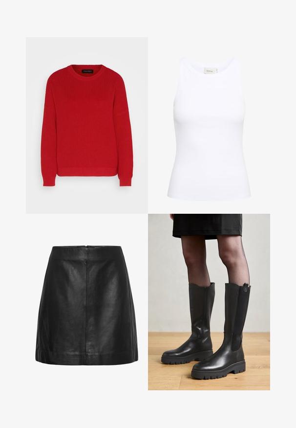 Pull en tricot rouge avec un col ras du cou, une texture côtelée et des manches légèrement oversize. Présente un ourlet droit et un tissu durable.; Débardeur blanc côtelé avec un col rond et sans manches. Tissu extensible et design ajusté. Étiquette au dos indiquant "GESTUZ."; Mini-jupe en cuir noir en forme trapèze avec une couture centrale et des détails subtils à l’ourlet, présentée sur fond blanc.; Bottes noires jusqu'au genou avec un extérieur en cuir lisse, des panneaux latéraux en élasthanne et une semelle en caoutchouc épaisse avec un motif de semelle texturé.