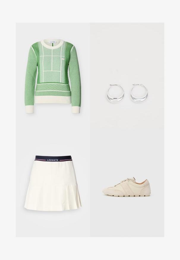 Pull vert et blanc à manches longues en tricot avec motifs géométriques texturés, poignets et ourlet côtelés, logo Lacoste sur la poitrine.; Jupe plissée blanche avec une ceinture marine arborant un logo Lacoste et des accents rouges. Fabriquée dans un matériau lisse et doux.; Baskets avec une tige en cuir crème et daim, présentant deux bandes horizontales beiges et une semelle en caoutchouc, design à bout arrondi, fermeture à lacets.; Boucles d'oreilles en argent avec une finition polie et un branding DKNY, présentées sur un fond blanc uni.