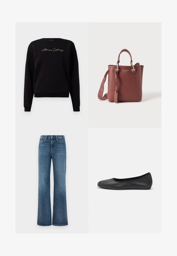 Sort sweatshirt lavet af bomuldsblanding, med lange ærmer, rund halsudskæring og "Armani Exchange" guldbroderi på forsiden.; Blå denimjeans med bred benklip, knap- og lynlåslukning samt for- og baglommer, præsenteret på en simpel hvid baggrund.; Sort læderballetsko med rund tå, glat tekstur, minimal syning og et fleksibelt såldesign.; Brun læderhåndtaske med tophåndtag, aftagelig skulderrem og sølvfarvet hardware, mærket med "Emporio Armani" tekst.