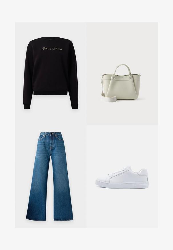 Čierna mikina vyrobená zo zmesi bavlny, s dlhými rukávmi, kulatým výstrihom a zlatým vyšívaním "Armani Exchange" na prednej strane.; Modré džínsy so širokými nohavicami, vysokým pásom, svetlým vyblednutím, klasickým dizajnom s piatimi vreckami a gombíkovým zapínaním vpredu.; Biele kožené nízke tenisky s okrúhlou špičkou, rovnou gumovou podrážkou a logom na boku. Obsahujú šesť párov očiek a textúrované akcenty.; Malá svetlosivá kabelka s dvoma rúčkami a odnímateľným širokým ramenným popruhom, s jemným logom značky na prednej strane.