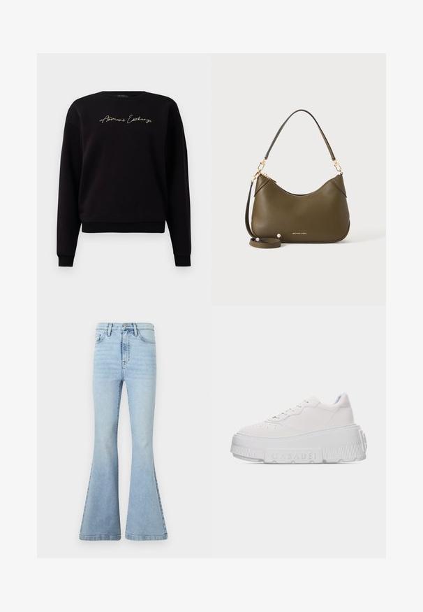 Čierna mikina vyrobená zo zmesi bavlny, s dlhými rukávmi, kulatým výstrihom a zlatým vyšívaním "Armani Exchange" na prednej strane.; Svetlomodré rozšírené džínsy vyrobené z denimu, s vysokým pásom, jemným vyblednutím a veľkými zvonovými nohavicami s čistým lemom.; Biely platformový teniska s hrubou textúrovanou podrážkou a vyrazeným nápisom "CASADEI" na boku, hladký kožený zvršok so šnúrkami a perforáciami.; Olivovozelená kožená kabelka s krátkymi a dlhými remienkami, zlatým kováním a zlatým logom Michael Kors pri spodnej časti na jednoduchom pozadí.