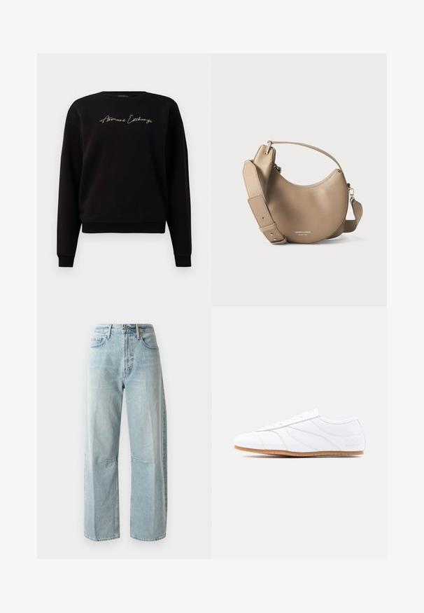 Sort sweatshirt lavet af bomuldsblanding, med lange ærmer, rund halsudskæring og "Armani Exchange" guldbroderi på forsiden.; Lyseblå vide jeans lavet af denim. Har en høj talje, to forlommer og en lige benlængde med let fading i stoffet.; Hvid lavtstående sneaker med snøresystem, glat læderoverdel, diskrete syninger og lysbrun gummisål.; Beige lædertaske i halvmåneform med bred justerbar strop og lille håndtag, prydet med sølvpræget mærke- og steds tekst.