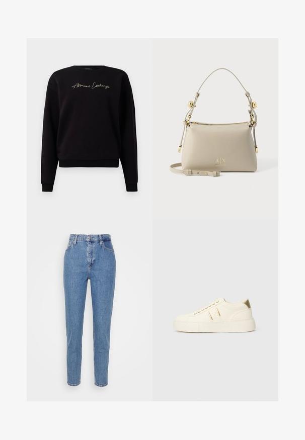 Schwarzer Sweatshirt aus Baumwollmischung, mit langen Ärmeln, Rundhalsausschnitt und goldfarbener "Armani Exchange"-Stickerei auf der Vorderseite.; Blaue hochtaillierte gerade Jeans mit verdecktem Knopf und Reißverschluss, Gürtelschlaufen und Taschen, vor einem schlichten weißen Hintergrund präsentiert.; Cremfarbene Low-Top-Sneaker mit goldenen Akzenten, Schnürsenkeln und geprägtem "Armani Exchange"-Branding auf der Sohle und dem Seitenpatch.; Beige Leder-Schultertasche mit verstellbarem Riemen, goldfarbenen Beschlägen und A|X Armani Exchange-Logo vorne.