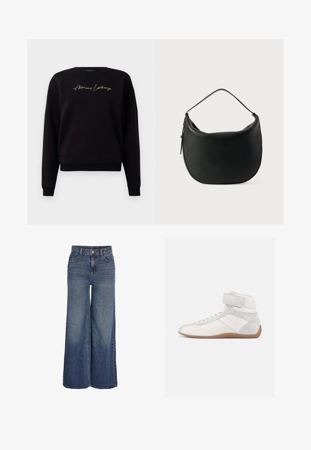 Sort sweatshirt lavet af bomuldsblanding, med lange ærmer, rund halsudskæring og "Armani Exchange" guldbroderi på forsiden.; Blå denimjeans med høj talje og vide ben, foran knapper, lynlås, bæltestropper og forlommer, vist på hvid baggrund.; Høje sneakers i hvidt læder og ruskind med en beige gummisål. Har snørebånd foran og en velcrolukning for en sikker pasform.; Sorte læder skuldertaske med en buet form og et enkelt håndtag. Overfladen har en struktureret finish og en lynlåslukning.