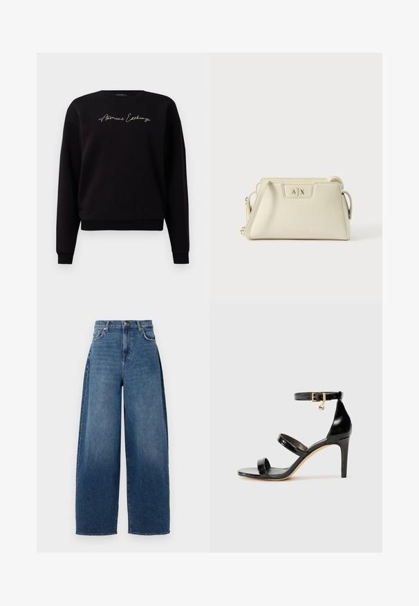 Must kunstnahkadega must sweatshirt, millel on pikad varrukad, ümmargune kaelus ja esiküljel "Armani Exchange" kuldne tikand.; Laiad püksid tumedast sinisest denimist. Omavad kõrget vöökohta, viit taskut ja ülemist nööp sulgemist. Kergelt pleekinud tekstuur üle kogu pinnal.; Must musta nahk sandaal kolme rihmaga, pahkluu vööga ja 4-tollise stilettakontsaga. Omab kuldset detaili ja logovõtit.; Kreemikaalase nahast käekott, millel on struktureeritud disain, A|X logo ees ning õlavarre rihm mitmekesiste kandmisvõimaluste jaoks.