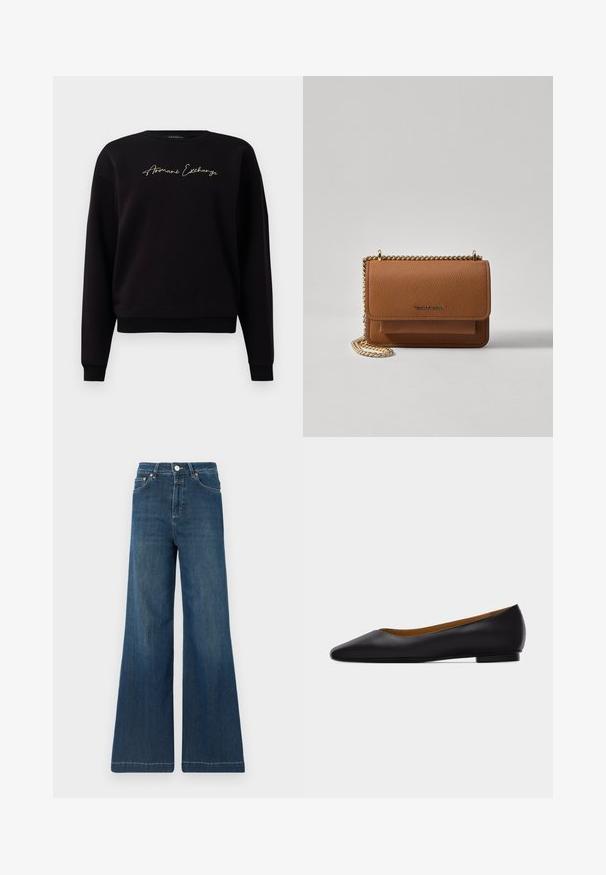 Sort sweatshirt lavet af bomuldsblanding, med lange ærmer, rund halsudskæring og "Armani Exchange" guldbroderi på forsiden.; Sorte jeans med vid ben i mørkeblåt denim, med høj talje, kobberbeslag og diskret falmning. Ren kant uden yderligere mønstre.; Sort læder flad sko med spids tå, lav hæl og glat finish, vist fra siden på en lysegrå baggrund.; Brun tekstureret læder crossover-taske med guldkæde-rem og klaplukning. Forsiden har logo-detalje og en lomme under klappen.