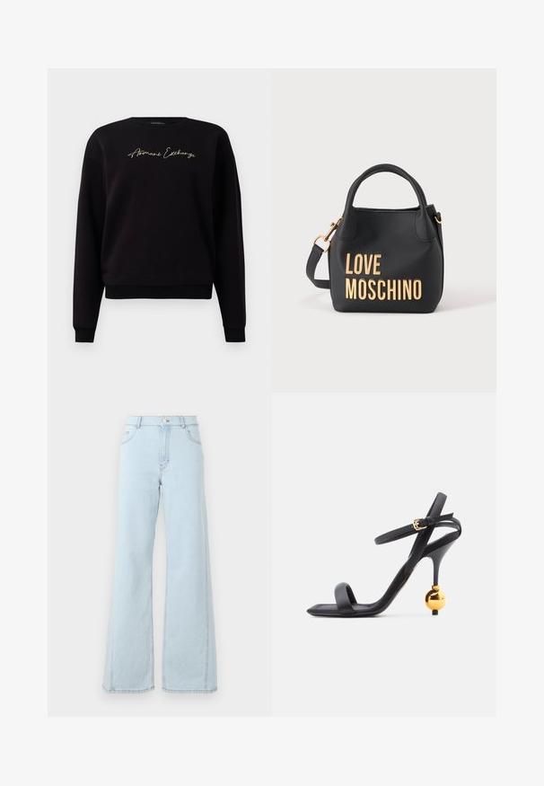 Sort sweatshirt lavet af bomuldsblanding, med lange ærmer, rund halsudskæring og "Armani Exchange" guldbroderi på forsiden.; Lysblå denim wide-leg jeans har høj talje, frontlommer og synlige stiksyninger på sømmene og kanten.; Sort højhælet sandal med tynd anklerem og unikt guldfarvet kugleformet hældetalje, der har et firkantet tådesign.; Sort Moschino-håndtaske med guldbogstaver, korte håndtag og en aftagelig skulderrem på en ensfarvet lys baggrund.