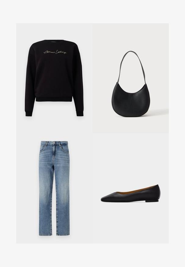 Schwarzer Sweatshirt aus Baumwollmischung, mit langen Ärmeln, Rundhalsausschnitt und goldfarbener "Armani Exchange"-Stickerei auf der Vorderseite.; Hellblaue Jeans aus Denim mit geradem Bein, fünf Taschen, Knopf- und Reißverschluss und minimaler Ausbleichung des Stoffes.; Schwarzer flacher Schuh aus Leder mit spitz zulaufender Vorderkappe, niedrigem Absatz und glatter Oberfläche, von der Seite vor einem hellgrauen Hintergrund dargestellt.; Schwarze Leder-Schultertasche in halbmondförmigem Design mit einem einzelnen Trageriemen und dezent geprägtem Markennamen auf einfarbig hellem Hintergrund.