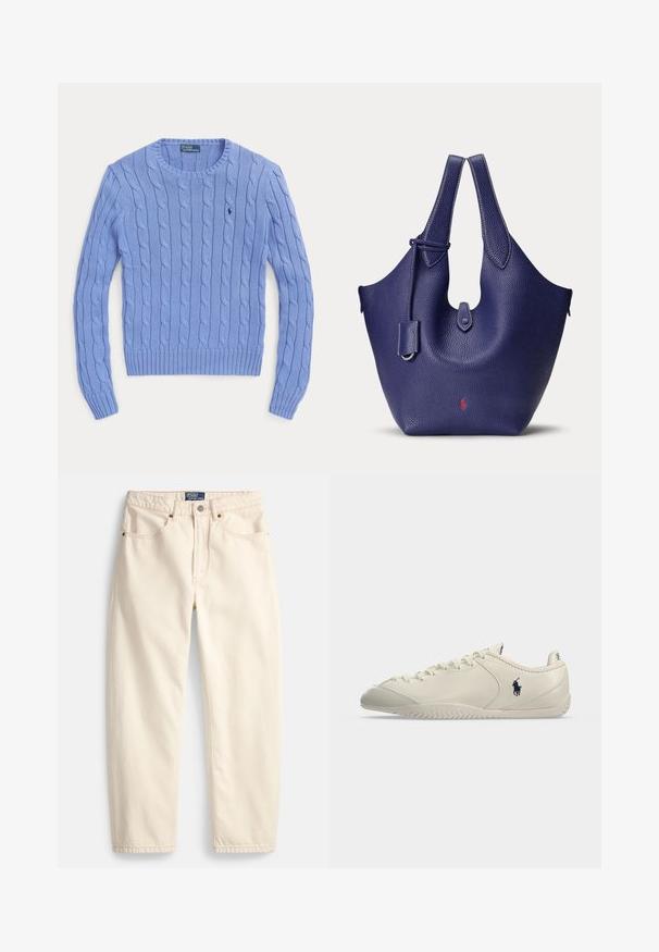 Pull bleu clair en maille torsadée, col rond, manches longues, avec logo Polo Ralph Lauren brodé sur la poitrine.; Jean de couleur crème en denim, présentant une coupe droite, des poches avant et un détail de surpiqûres. Fermeture avec bouton en métal et fermeture éclair.; Baskets en cuir crème à profil bas, avec fermeture à lacets à l'avant, semelle texturée et logo noir du joueur de Polo sur le côté.; Sac à main en cuir texturé bleu foncé avec deux poignées et un petit logo rouge près du centre inférieur.