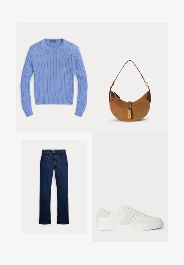 Hellblauer Pullover mit Zopfmuster, Rundhalsausschnitt und langen Ärmeln, mit Polo Ralph Lauren-Logo auf der Brust bestickt.; Dunkelblaue Straight-Leg-Denim-Jeans mit Frontknopf und Reißverschluss, Fünf-Taschen-Design und sichtbaren Nähten.; Weiße Sneaker mit einem Obermaterial aus glattem Leder, Wildlederakzenten und flachen Schnürsenkeln. Verfügt über eine strukturierte Gummisohle und ein minimalistisches Design.; Braune Wildleder-Halbmonden-Handtasche mit dunkelbraunen Lederakzenten, goldfarbenen Beschlägen und kurzem Schulterriemen.