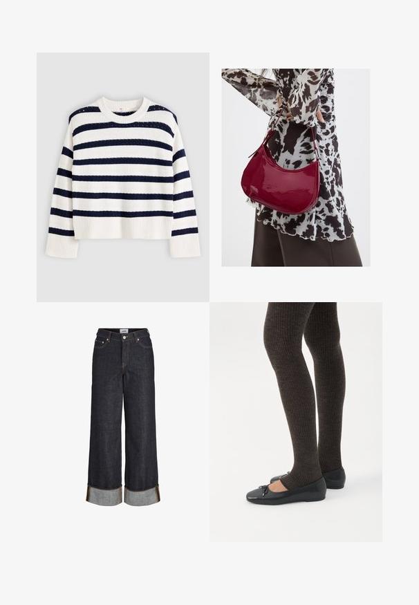 Pull blanc en maille à manches longues avec larges rayures horizontales bleu marine et poignets et ourlet côtelés, posé à plat sur un fond gris.; Jean large bleu foncé avec ourlets retroussés, cinq poches et surpiqûres contrastantes jaunes.; Jambes portant des leggings côtelés foncés associés à des ballerines noires avec de petits détails en nœud sur fond blanc.; Femme portant un chemisier à motif noir et blanc tenant un sac à main rouge brillant sur un fond uni.