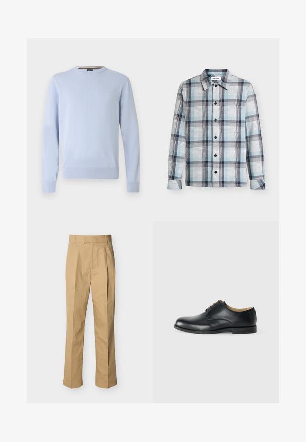 Pull bleu clair, col rond, manches longues, poignets et ourlet côtelés, avec un petit logo sur la poitrine, en tissu tricoté doux.; Chemise à manches longues boutonnée avec motif à carreaux bleu clair, blanc et noir et col pointu.; Pantalon beige en coton lisse à taille haute, avec des plis à l'avant et des jambes droites. Aucun équipement visible ni motifs.; Calvin Klein ESS DERBY - Derbies - triple black