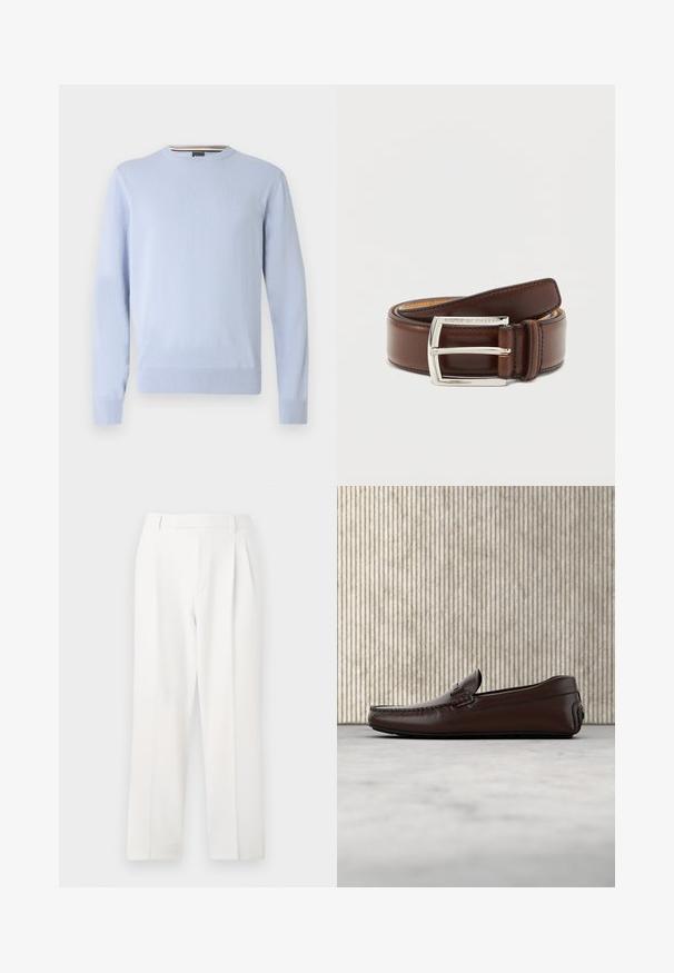 Pull bleu clair, col rond, manches longues, poignets et ourlet côtelés, avec un petit logo sur la poitrine, en tissu tricoté doux.; Pantalon blanc sur mesure avec une coupe droite, présentant des plis, un devant plat et une texture de tissu lisse. Aucune poche ni accent visible.; Mocassins en cuir marron avec une finition lisse, des coutures de style mocassin, un bout rehaussé et une semelle en caoutchouc basse et flexible.; Ceinture en cuir marron lisse enroulée avec boucle rectangulaire argentée gravée "Tiger of Sweden" sur fond neutre.