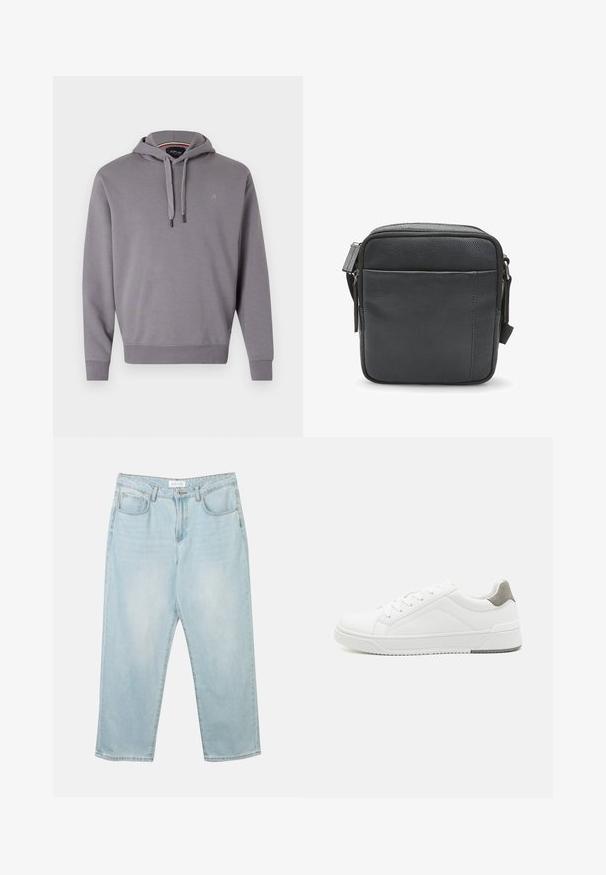 Grå hættetrøje med snoretræk i hætten, ribbede manchetter og kant, med et lille logo på brystet. Blødt stof med en glat tekstur.; Lys blå denim jeans med en afslappet pasform, fem lommer, en knaplukning og subtil fadeeffekt. Teksturen er glat og lidt slidt.; Hvid sneaker lavet af glat læder, rund tå, minimalistisk design, grå hælafsats og tekstureret gummisål.; Sort læder crossbody taske med en tekstureret finish, der har en top zip-lukning og en frontlomme med lynlås. Kompakt og kvadratisk design.