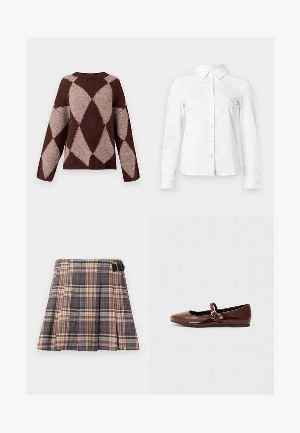 Pull en tricot marron et beige clair avec un motif en losange, présentant des manches longues et un col rond, fabriqué à partir d'un tissu doux et texturé.; Chemise blanche à manches longues avec boutons, col pointu, ourlet droit et silhouette ajustée, présentée sur un fond clair uni.; Jupe à carreaux gris, beige et rouille ; présente des plis, un détail de boucle et une conception structurée. Fabriquée en tissu tissé.; Ballerine en cuir verni marron avec un bout carré et une lanière ornée d'une petite boucle dorée. Texture lisse, talon bas et design minimaliste.