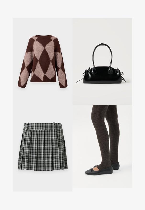 Brun og lys beige strikket sweater med et diamantmønster, der har lange ærmer og en rund halsudskæring, lavet af et blødt, struktureret stof.; Sort-hvidt ternet plisseret nederdel med en glat talje og flere lodrette folder. Fremstillet af let stof.; Ben iført mørke ribbede leggings kombineret med sorte balletsko med små sløjfedetaljer på hvid baggrund.; Lille sort blank håndtaske med to lange håndtag og snøre-detaljer i siden på en ensfarvet lys baggrund.