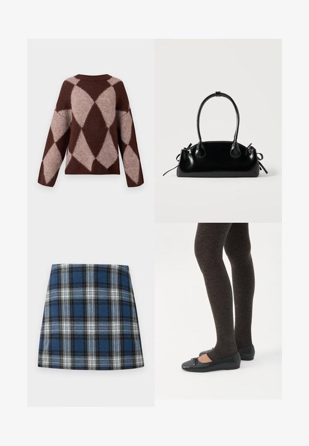 Brun og lys beige strikket sweater med et diamantmønster, der har lange ærmer og en rund halsudskæring, lavet af et blødt, struktureret stof.; Blåternet skørt med et varieret ternmønster i blå, sort og hvid. Fremstillet af et struktureret stof med en tætsiddende silhuet.; Ben iført mørke ribbede leggings kombineret med sorte balletsko med små sløjfedetaljer på hvid baggrund.; Lille sort blank håndtaske med to lange håndtag og snøre-detaljer i siden på en ensfarvet lys baggrund.