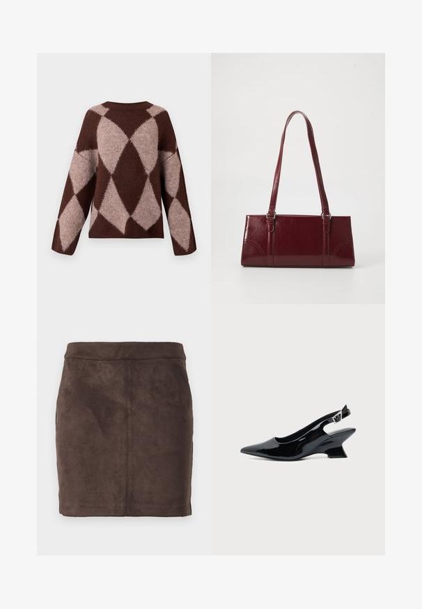 Pull en tricot marron et beige clair avec un motif en losange, présentant des manches longues et un col rond, fabriqué à partir d'un tissu doux et texturé.; Jupe mini en daim marron avec une texture lisse, un design effilé et une taille plate, comprenant des coutures verticales pour la structure.; Chaussure slingback en cuir verni noir avec bout pointu et petit talon bloc incliné sur fond clair uni.; Sac à main bordeaux en matériau brillant, de forme rectangulaire, avec deux anses et des accents légèrement courbés à l'avant.