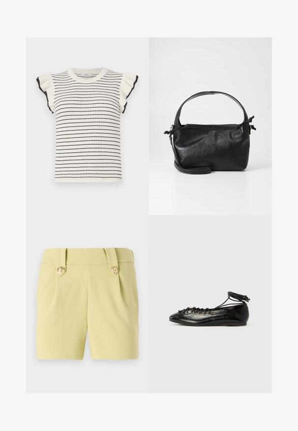 Pull rayé en crème avec des rayures noires, doté de manches courtes à volants et d'un col ras du cou côtelé. Texture douce et coupe ajustée.; Shorts jaune clair en tissu lisse, avec deux plis à l'avant et des boutons décoratifs dorés sur la taille. Design ajusté.; Ballerines en cuir verni noir avec un bout rond, un design à lacets et une semelle plate. Texture lisse avec peu de détails.; Sac à main en cuir noir au design structuré, avec une poignée arrondie et une bandoulière amovible. Présente une texture lisse et un éclat subtil.