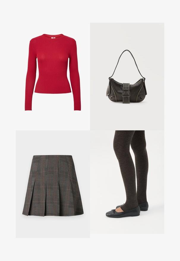Haut rouge à manches longues avec un col rond et une coupe ajustée. Présente une texture lisse avec des lignes verticales régulières.; Jupe à carreaux gris avec des plis, ornée de motifs complexes en noir et blanc, accentuée par de fines lignes rouges. Fabriquée dans un tissu structuré.; Jambes portant des leggings côtelés foncés associés à des ballerines noires avec de petits détails en nœud sur fond blanc.; Sac à épaule en cuir noir avec une sangle à boucle, des bords arrondis et des coutures blanches contrastées sur un fond uni.