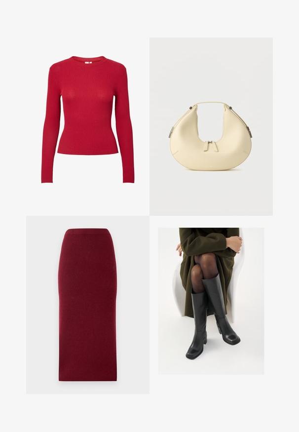 Rode geribbelde long-sleeve top met een ronde hals en een pasvorm die aansluit. Heeft een gladde textuur met even verticale lijnen.; Bordeaux gebreide midi-rok met een aansluitende silhouette, gladde textuur en een tailleband. Geen zichtbare naden of patronen. Effen kleur door het hele stuk.; Knieschijf hoge zwarte leren laarzen met een vierkante neus en blokhak, getoond met een model dat zit in een olijfgroene jas. Gladde textuur, minimale details.; Beige, halvemaanvormige handtas met dubbele ritssluiting en korte handgreep, voorzien van zilverkleurige hardware details aan de zijkanten.