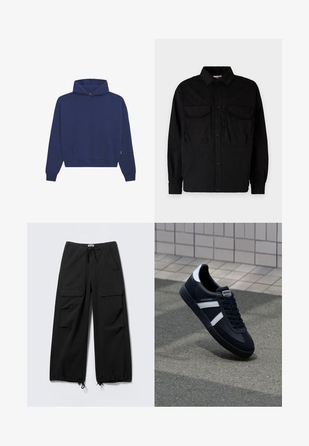 Hoodie bleu marine en matériau polaire, doté d'une poche kangourou à l'avant, de poignets côtelés et d'une coupe décontractée avec une capuche à cordon.; Jack & Jones JCOHELVETICA PARACHUTE OVERSHIRT - Chemise - black; Pantalon cargo noir à jambes larges avec poches à rabat à l'avant, taille à cordon de serrage et cordons réglables aux ourlets.; Sneaker en cuir noir avec des rayures blanches, semelle en caoutchouc texturée et devant à lacets. Présente une étiquette de marque sur la languette.