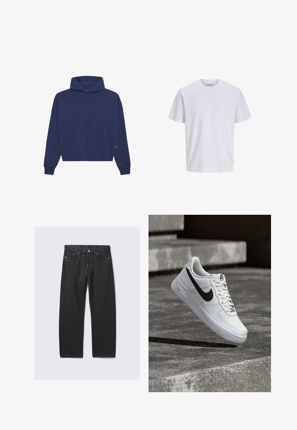 Mørkeblå sweatshirt lavet af fleece materiale, med en front kangaroo lomme, ribbede manchetter og en afslappet pasform med en snor i hætten.; Enkelt hvid T-shirt med korte ærmer og rund halsåbning, med en lige kant forneden, vist på en hvid baggrund.; Sorte jeans med lige ben, fem lommer og knaplukning i taljen, lagt fladt på en lys baggrund.; Hvid Nike Air Force 1-sneaker med sort swoosh, snørebånd bundet, placeret i luften over tekstureret betonoverflade udendørs.