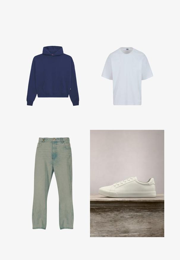 Mørkeblå sweatshirt lavet af fleece materiale, med en front kangaroo lomme, ribbede manchetter og en afslappet pasform med en snor i hætten.; Hvid bomulds T-shirt med rund halsudskæring, korte ærmer og lige snit. Har subtile syningsdetaljer på skuldrene.; Lyseblå jeans med lige ben, forrest knapper, bæltestropper og forlommer, vist mod en hvid baggrund.; Hvide snørresneakers svævende over en træbænk med grønne planter i baggrunden, der fremhæver skodesign og tekstur.