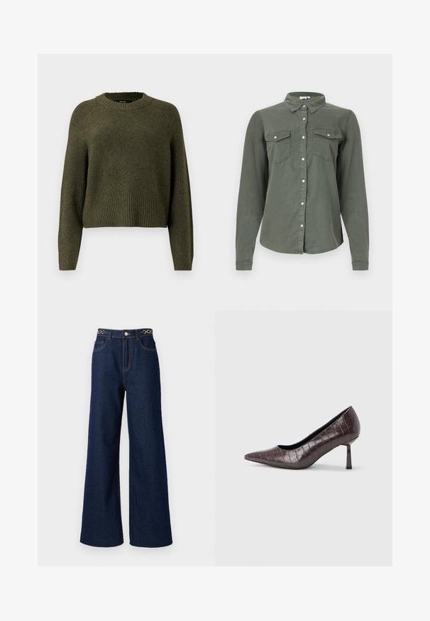 Pull en tricot vert olive avec un col rond, un ourlet côtelé et des manches longues au fit décontracté. Fabriqué en tissu texturé et doux.; Chemise boutonnée vert foncé à manches longues, avec deux poches poitrine, en tissu doux, et un design de col classique. Présente des accents de boutons blancs.; Des jeans en denim bleu marine à jambes larges présentent une taille haute, des accents en chaîne dorée à la taille, et des détails de couture contrastants tout au long.; Escarpins à bout pointu en similicuir marron avec une texture crocodile, dotés d’un talon fin et angulaire ainsi que d’une doublure intérieure lisse.