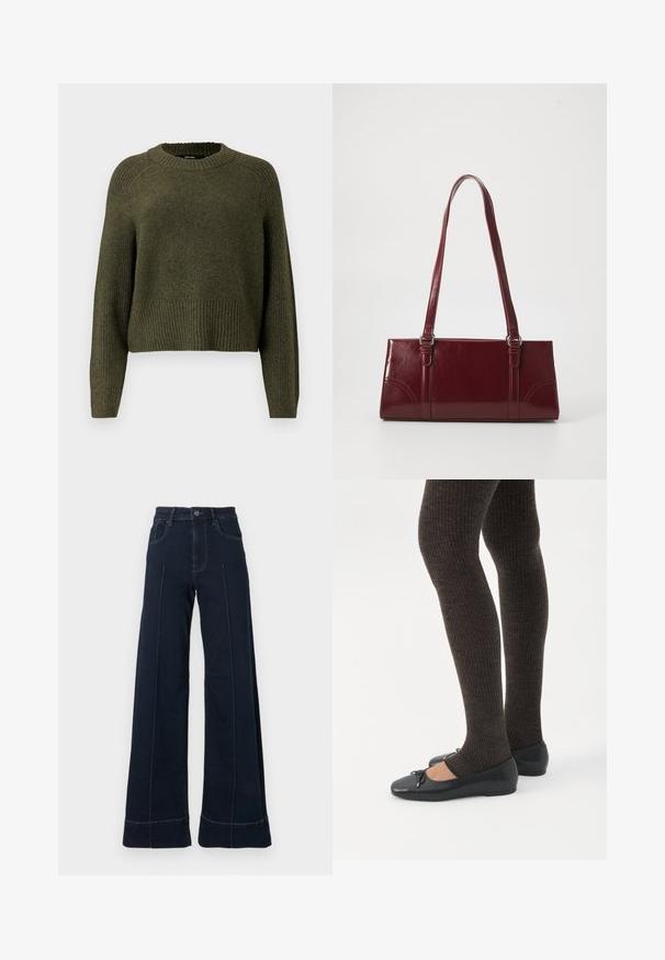 Pull en tricot vert olive avec un col rond, un ourlet côtelé et des manches longues au fit décontracté. Fabriqué en tissu texturé et doux.; Jean large bleu foncé à taille haute, avec des poches avant et des coutures visibles. Fabriqué en denim avec une texture lisse.; Jambes portant des leggings côtelés foncés associés à des ballerines noires avec de petits détails en nœud sur fond blanc.; Sac à main bordeaux en matériau brillant, de forme rectangulaire, avec deux anses et des accents légèrement courbés à l'avant.