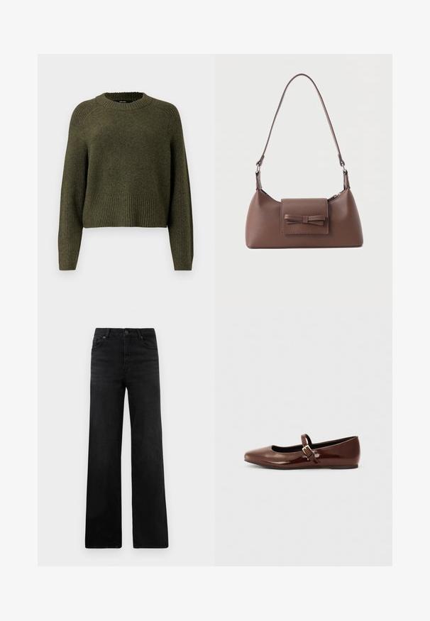 Olivengrøn strikket sweater med rund halsudskæring, ribbet kant og lange ærmer med en afslappet pasform. Fremstillet af blødt tekstureret stof.; Sorte denim bukser med vid ben og en klassisk fem-lomme-design, der inkluderer en knaplukning og subtil tekstur. Rene linjer og minimal pynt.; Brun patentlæder balletflade med firkantet tå og strop med en lille guldbuckle. Glat tekstur, lav hæl og minimalistisk design.; Brun skuldertaske i læder med en frontlomme med klap, der har en sydd sløjfedetalje, og en justerbar rem.