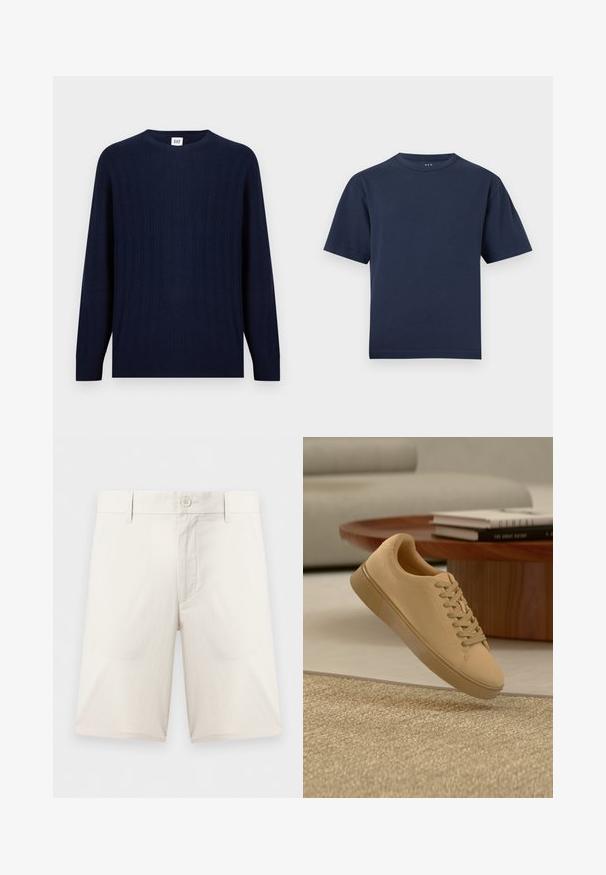 Pull à manches longues en maille côtelée bleu marine avec col rond, présentant des motifs discrets en torsades verticales ainsi que des poignets et un ourlet côtelés.; T-shirt bleu foncé à manches courtes avec col rond, coupe régulière, présenté sur un fond gris clair uni.; Shorts beige longueur genou avec fermeture à boutons, passants pour ceinture et poches latérales, présentés sur un fond blanc uni.; Baskets beiges à lacets flottant au-dessus d'un tapis texturé avec une table basse en bois et des livres empilés en arrière-plan flou.