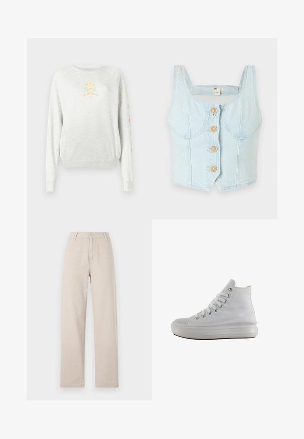Lys grå sweatshirt med ribbede manchetter og kant. Har et solgrafik i gul og blå på forsiden og farverig tekst på ærmet.; Lyst blå denim cropped top med firkantet udskæring, der har fem træknapper foran og buede sidesømme.; Beige breddebenede bukser lavet af bomuld, med en frontlukkeknap, bæltesløjfer og en klassisk pasform med rene linjer.; Hvid højt canvas sneaksko med hvide snørebånd, metaløjer, tyk gummisål og tekstureret tåhætte, vendt mod venstre på en hvid baggrund.