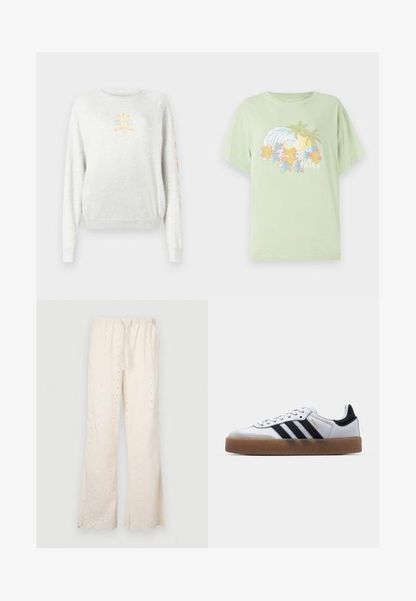 Helehall sweatshirt, millel on soonikkoes ja hem. Ees on kollane ja sinine päikese graafika ning varrukal värvilised tekstid.; Kergelt roheline lühikeste varrukatega T-särk, millel on laine ja lilleline graafika, kus on valgete tähtedega brändinimi "ROXY". Pehme puuvillane materjal.; Kreemikas värv, liikuvate jalgadega püksid, millel on elastne vöökoht, tõmblukk ja aukudega dekoratsioonid kangal ja servadel. Kaldus servad.; Valged nahast tossud mustade triipudega, kummist välistald, ümmargune nina, seotud sulgemine ja pehme hall suede ninaosa.