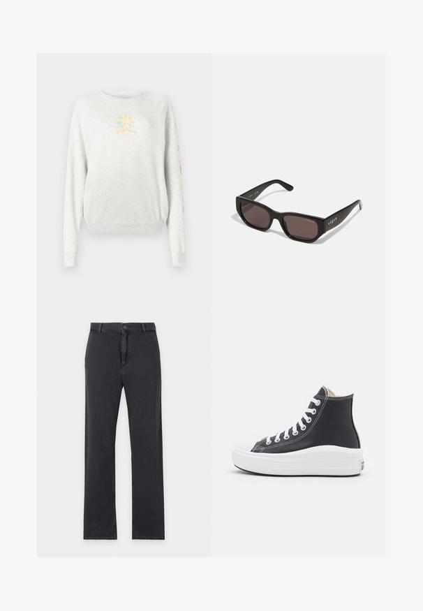 Lys grå sweatshirt med ribbede manchetter og kant. Har et solgrafik i gul og blå på forsiden og farverig tekst på ærmet.; Straight-leg sorte jeans med forreste knap- og lynlåslukning, bæltestropper og klassisk fem-lommer design, lagt fladt på hvid baggrund.; Sorte høje sneakers med hvide snørebånd og gummisål. Har en glat læderstruktur og hvide stikninger.; Sorte rektangulære solbriller med mørke linser. Har en glat plastisk ramme og logo-detalje på stængerne. Rent, moderne design.
