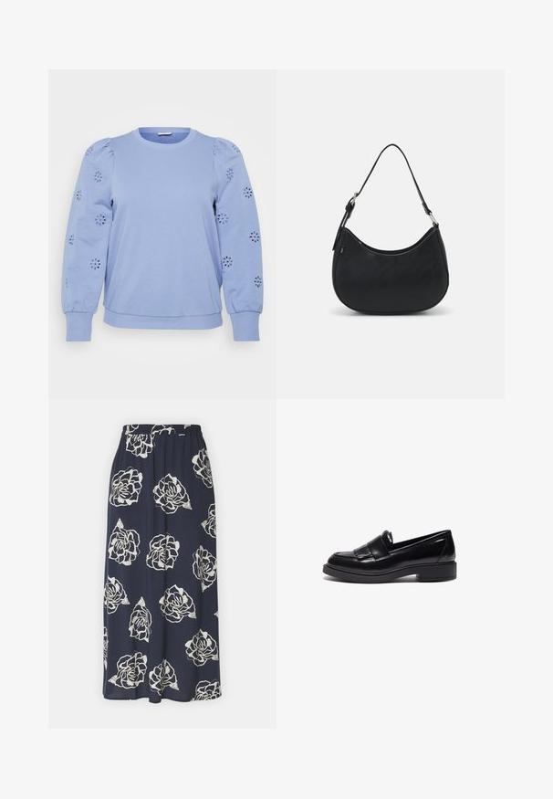 Lichtblauw pullover sweatshirt met opbollende mouwen, met bloemen uitsnijdingen op de mouwen en een geribde zoom en boorden.; Navy bloemenprint maxi skirt met een elastische tailleband, voorzien van witte rozenpatronen en een vloeiende, lichte stof.; Zwarte leren loafers met een sleek design, voorzien van een ronde neus, decoratieve franjes en een lage, getextureerde rubberen zool.; Zwarte hobo tas van soepel leer met een gebogen silhouet, voorzien van een enkele verstelbare schouderriem en minimalistische ontwerpdetails.
