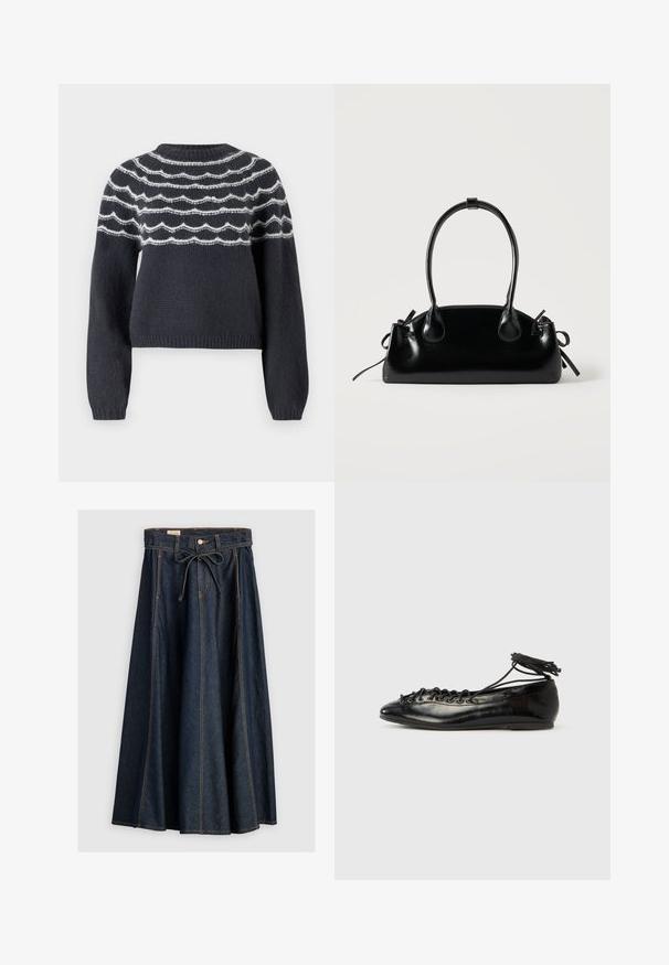 Pull en maille gris foncé avec un col rond, présentant des lignes ondulées blanches sur la poitrine. Des manches longues et un ourlet côtelé complètent le design.; Levi's® XL SKIRT - Jupe en jean - square circle; Ballerines en cuir verni noir avec un bout rond, un design à lacets et une semelle plate. Texture lisse avec peu de détails.; Petit sac à main noir brillant avec deux longues anses et des détails à cordon sur les côtés sur un fond clair uni.
