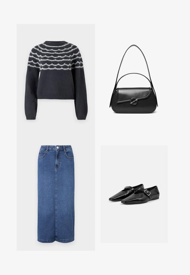 Pull en maille gris foncé avec un col rond, présentant des lignes ondulées blanches sur la poitrine. Des manches longues et un ourlet côtelé complètent le design.; Jupe maxi en denim bleu foncé, avec une coupe droite, une taille avec une fermeture à bouton et des détails de couture minimalistes.; Paire de chaussures plates en cuir verni noir à bouts pointus avec une bride à boucle sur le dessus, montrée sur un fond clair uni.; Sac à bandoulière en cuir noir avec un rabat incurvé fermé par un fermoir métallique rond et une sangle fine et ajustable.