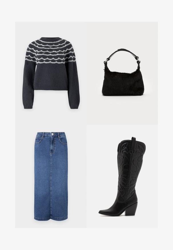 Pull en maille gris foncé avec un col rond, présentant des lignes ondulées blanches sur la poitrine. Des manches longues et un ourlet côtelé complètent le design.; Jupe maxi en denim bleu foncé, avec une coupe droite, une taille avec une fermeture à bouton et des détails de couture minimalistes.; Bottes hautes en cuir noir jusqu'aux genoux avec bout pointu et talon empilé. Caractéristiques de coutures décoratives et éléments de design courbés.; Sac à main en fausse fourrure noire avec une texture douce, une forme arrondie et une bandoulière en cuir noir robuste. Accent en métal argenté visible.