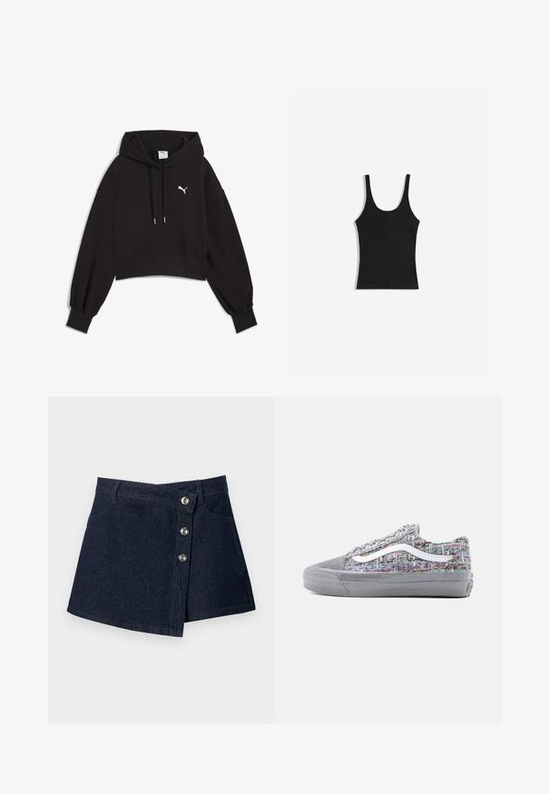 Zwarte cropped hoodie van sweatstof. Heeft een capuchon met trekkoord, brede mouwen en een witte Puma-logo op de borst.; Zwart mouwloos hemdje met ronde halslijn, plat uitgestald op een lichtgrijze achtergrond.; Donkerblauwe denim minirok met asymmetrische voorkant, zilverkleurige knoopsluitingen, riemlussen en steekzakken vooraan op effen achtergrond.; Grijze sneakers met een bovenzijde van textiel met patroon en meerkleurige draden, suède neuskap, witte streep en grijze rubberen zool.