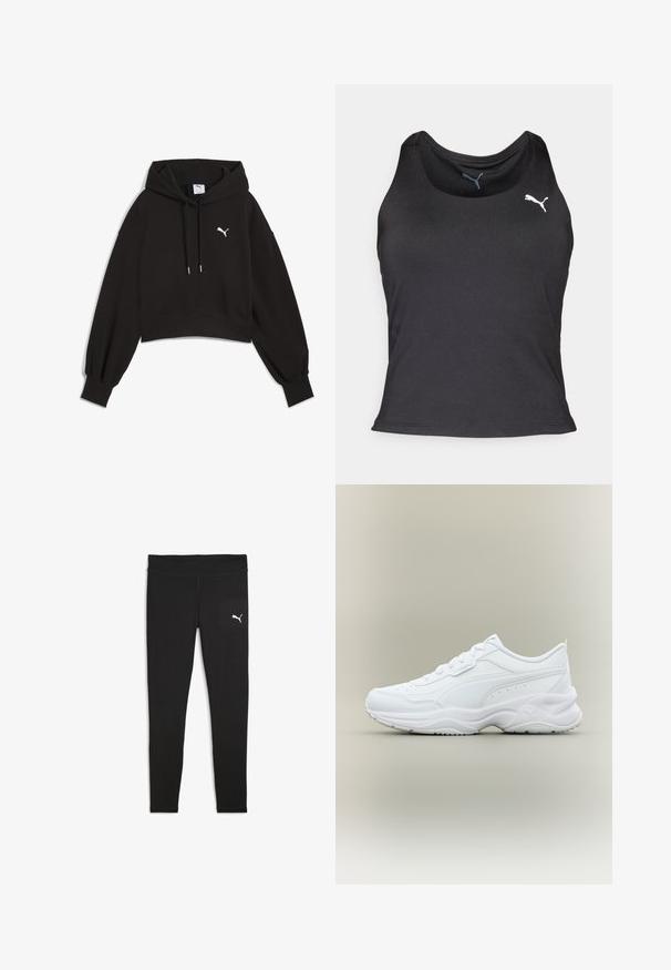 Sort cropped hoodie lavet af sweatshirtstof. Har en justerbar hætte, brede ærmer og et hvidt Puma-logo på brystet.; Sort atletisk tanktop, ærmeløs design, glat stof, rund udskæring, har et lille hvidt Puma-logo på venstre brystområde.; Sorte leggings lavet af strækbart stof, med en bred talje og et lille hvidt Puma-logo på venstre side. Enkel, tætsiddende design.; Hvid lavtop atletiksneaker med snørebånd foran, tekstureret sål og subtil syet design på glat overmateriale.