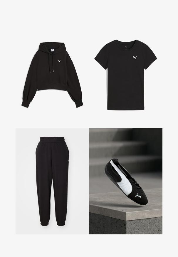 Zwarte cropped hoodie van sweatstof. Heeft een capuchon met trekkoord, brede mouwen en een witte Puma-logo op de borst.; Zwart Puma T-shirt met korte mouwen, ronde hals en wit Puma-logo op de linkerborst.; Zwarte sweatpants van zachte stof, met een geribde tailleband en verjongde enkels. Inclusief een klein logoaccent aan de zijkant.; Zwart-witte Puma sneaker met veters die zweeft boven een betonnen richel tegen een wazige grijze trap achtergrond.